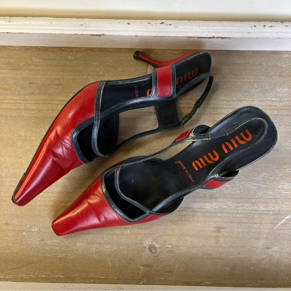 Miu Miu Red Leather Slingback Heels Square Toe Italy 38 Y2K Prada Grunge Punk - Picture 12 of 15